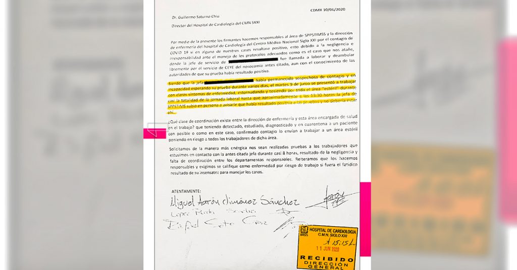 Carta dirigida al director del Hospital de Cardiología del Centro Médico Siglo XXI, Guillermo Saturno Chiu