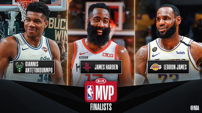 Antetokounmpo, Harden y James, candidatos al MVP de la NBA. (Foto: @NBA)